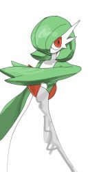 1girl ame_(metorui) arm_at_side arm_up bob_cut colored_skin creatures_(company) female_focus flat_chest game_freak gardevoir gen_3_pokemon green_hair green_skin hair_over_one_eye looking_afar multicolored_skin nintendo one_eye_covered pokemon pokemon_(creature) red_eyes short_hair simple_background solo standing two-tone_skin white_background white_skin