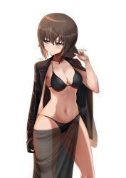 Rule 34 | 1girl, absurdres, artist name, bikini, bikini under clothes, black bikini, black sarong, blush, brown eyes, brown hair, clipboard, closed mouth, girls und panzer, half-closed eyes, highres, holding, holding clipboard, insignia, jacket, jacket on shoulders, kuromorimine military uniform, light frown, long sleeves, looking to the side, medium hair, military, military uniform, navel, nishizumi maho, sarong, short hair, signature, simple background, skindentation, solo, standing, string bikini, swimsuit, uniform, white background, ydg (eorbsaos1004)