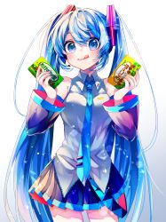 Rule 34 | 1girl, :p, absurdres, bare shoulders, belt, black skirt, black sleeves, blue eyes, blue hair, blue necktie, box, closed mouth, commentary, cowboy shot, detached sleeves, grey shirt, hair ornament, hands up, hatsune miku, head tilt, headphones, headset, highres, holding, holding box, kinoko no yama, long hair, looking at viewer, necktie, shirayuki towa, shirt, skirt, sleeveless, sleeveless shirt, smile, solo, standing, star (symbol), symbol in eye, takenoko no sato, tongue, tongue out, twintails, very long hair, vocaloid