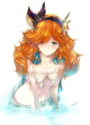 Rule 34 | 10s, 1girl, aqua eyes, arm support, bare shoulders, blush, breasts, cape, flower, from above, granblue fantasy, hair flower, hair ornament, hair over one eye, hairband, light smile, long hair, looking at viewer, midriff, min-naraken, navel, orange hair, partially submerged, sara (granblue fantasy), signature, skirt, skirt set, small breasts, solo, water, wavy hair