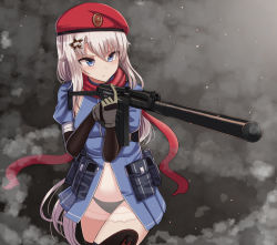 Rule 34 | 1girl, 9a-91, 9a-91 (girls&#039; frontline), beret, black panties, blue dress, blue eyes, closed mouth, cowboy shot, dress, girls&#039; frontline, gloves, gun, hair ornament, hat, highres, holding, holding gun, holding weapon, long hair, name connection, navel, object namesake, panties, pouch, puffy sleeves, red hat, see-through, solo, standing, star (symbol), star hair ornament, stomach, thighhighs, underwear, v-shaped eyebrows, weapon, white hair, yakob labo
