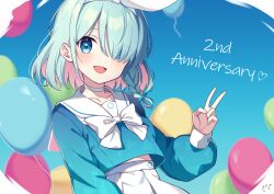 1girl :d anniversary arona_(blue_archive) balloon blue_archive blue_background blue_eyes blue_hair blue_shirt blush bow bow_hairband bowtie braid choker colored_inner_hair guri_(gri1211) hair_over_one_eye hairband hand_up light_blue_hair long_sleeves looking_at_viewer midriff_peek multicolored_hair one_eye_covered open_mouth pink_hair pleated_skirt sailor_collar shirt short_hair side_braid sidelocks single_braid skirt smile solo two-tone_hair v white_bow white_bowtie white_choker white_hairband white_sailor_collar white_skirt