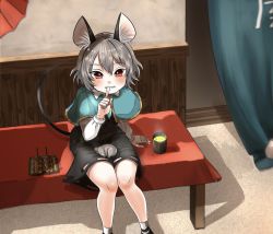 Rule 34 | 1girl, absurdres, animal ear fluff, animal ears, arm support, bench, black dress, blue capelet, blush, bright pupils, capelet, cup, curtains, dango, dress, drink, feet out of frame, finger to mouth, food, from above, gold trim, grey hair, grin, hand up, highres, indoors, knees together feet apart, looking at viewer, mouse, mouse ears, mouse tail, nazrin, red eyes, shadow, short hair, shushing, sitting, smile, solo, steam, tail, tatano shito, touhou, wagashi, wall, white pupils
