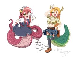 Rule 34 | 2017, 2girls, ;d, blonde hair, blush, bow, breasts, cosplay, costume switch, crossover, dragon, dragon girl, dragon horns, dragon tail, fang, frilled gloves, frilled sleeves, frills, front-tie top, gloves, hair between eyes, hair ornament, hairclip, happy, highres, horns, kobayashi-san chi no maidragon, lamia, long hair, long tail, maid, maid headdress, midriff, miia (monster musume), miia (monster musume) (cosplay), miniskirt, monster girl, monster musume no iru nichijou, multicolored hair, multiple girls, one eye closed, open mouth, orange eyes, orange hair, pleated skirt, pointy ears, puffy short sleeves, puffy sleeves, red bow, red hair, scales, shirt, shoes, short sleeves, simple background, skirt, slit pupils, smile, snake tail, source request, tail, teeth, tied shirt, tohru (maidragon), tooru (maidragon) (cosplay), v, w, white background, white gloves, wulfsenn, yellow eyes