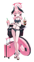 Rule 34 | 1girl, absurdres, ankle ribbon, bag, bikini, black bikini, black bow, black wings, blue archive, blush, bow, breasts, collarbone, commentary, cup, drink, drinking straw, duffel bag, feathered wings, floral print, front-tie bikini top, front-tie top, full body, goeleu, hair between eyes, hair bow, halo, head wings, highres, holding, holding cup, holding drink, innertube, koharu (blue archive), koharu (swimsuit) (blue archive), leg ribbon, looking at viewer, low twintails, low wings, medium hair, navel, official alternate costume, parted lips, pink eyes, pink hair, pink halo, print bikini, ribbon, rolling suitcase, sandals, simple background, small breasts, solo, standing, suitcase, swim ring, swimsuit, tachi-e, toenails, toes, twintails, white background, wings