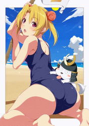 Rule 34 | 1girl, ass, barefoot, beach, blonde hair, blue one-piece swimsuit, blue sky, border, cloud, cloudy sky, commentary, crotch seam, day, double bun, flower, from behind, hair bun, hide yoshino, holding, holding flower, horizon, looking at viewer, looking back, ocean, one-piece swimsuit, open mouth, outdoors, outside border, parted bangs, purple eyes, qwel 08, sengoku otome, shadow, shiro (sengoku otome), short hair, sitting, sky, solo, sun, swimsuit, twintails, wariza, white border