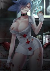 Rule 34 | 1girl, 2016, blood, blue hair, breasts, choker, cleavage, computer, cotton swab, cowboy shot, gloves, hat, large breasts, mask, monitor, mouth hold, mouth mask, nurse cap, organs, ponytail, red eyes, scalpel, skullgirls, solo, surgical mask, tarami, tongue depressor, valentine (skullgirls), x-ray