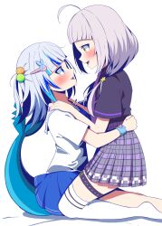 Rule 34 | 2girls, absurdres, black shirt, blue eyes, blue hair, blue skirt, blunt bangs, blush, collared shirt, commentary request, eye contact, fins, fish tail, gawr gura, gawr gura (school uniform), grey hair, grey skirt, hair bobbles, hair ornament, hairclip, highres, hololive, hololive english, hug, long hair, looking at another, making-of available, medium hair, miniskirt, multicolored hair, multiple girls, murasaki shion, murasaki shion (school uniform), necktie, no shoes, official alternate costume, official alternate hairstyle, one side up, open mouth, plaid, plaid skirt, pleated skirt, purple necktie, rabbit hair ornament, sailor collar, school uniform, shark tail, shirt, short sleeves, simple background, sitting, sitting on lap, sitting on person, skirt, smile, streaked hair, tail, takapyon higashi, thigh strap, thighhighs, virtual youtuber, white background, white sailor collar, white shirt, white thighhighs, yellow eyes, yuri