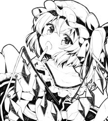 Rule 34 | 1girl, finger to mouth, flandre scarlet, from behind, greyscale, hat, kurisu sai, looking back, mob cap, monochrome, open mouth, simple background, solo, touhou, white background, wings