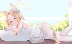 Rule 34 | 1girl, animal ears, ass, bad id, bad pixiv id, blonde hair, blue archive, blush, day, dress, fox ears, frilled dress, frills, halo, highres, kianata, long hair, looking at viewer, lying, on stomach, open mouth, outdoors, pantyhose, parted lips, seia (blue archive), solo, white dress, white pantyhose, yellow eyes, yellow halo