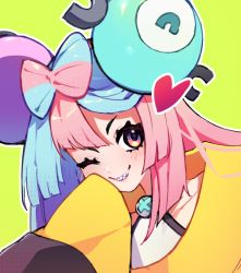Rule 34 | 1girl, aqua hair, blush, bow-shaped hair, character hair ornament, creatures (company), game freak, hair ornament, highres, iono (pokemon), jacket, long hair, looking at viewer, multicolored hair, nintendo, one eye closed, pink hair, pokemon, pokemon sv, raluraluze, sharp teeth, shirt, sleeves past fingers, sleeves past wrists, smile, solo, teeth, two-tone hair, yellow jacket