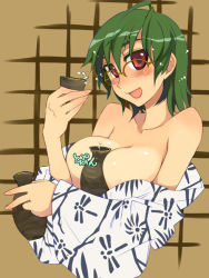 Rule 34 | 1girl, alcohol, bare shoulders, between breasts, breasts, breasts squeezed together, drunk, glasses, green hair, japanese clothes, kimono, kusanagi tonbo, nipple slip, nipples, original, red eyes, sake, short hair, smile, solo