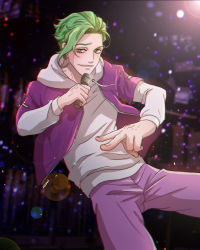 Rule 34 | 1boy, absurdres, artist name, blurry, blurry background, carole &amp; tuesday, earrings, green eyes, green hair, highres, holding, holding microphone, hood, hoodie, indoors, jacket, jewelry, lens flare, long sleeves, looking at viewer, male focus, mewwi chutarat, microphone, pants, purple jacket, purple pants, pyotr (carole &amp; tuesday), solo, white hoodie