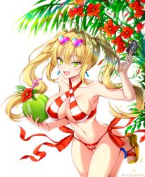 Rule 34 | 1girl, :d, bad id, bad pixiv id, between fingers, bikini, blonde hair, blush, breasts, cleavage, coconut, collarbone, crazy straw, credit card, criss-cross halter, drinking straw, eyewear on head, fate/grand order, fate (series), flower, fruit cup, green eyes, hair between eyes, hair intakes, halterneck, heart, heart-shaped eyewear, heart-shaped sunglasses, hibiscus, holding, large breasts, long hair, navel, nero claudius (fate), nero claudius (fate) (all), nero claudius (swimsuit caster) (fate), open mouth, palm tree, rainbow, red bikini, red flower, sandals, side-tie bikini bottom, sidelocks, smile, solo, sunglasses, swimsuit, thighs, tree, twintails, twitter username, uchuu gorira, white bikini