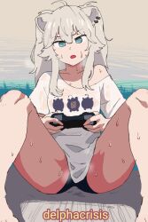 Rule 34 | 1girl, animal ears, barefoot, black panties, blue eyes, breasts, breath, clothes writing, collarbone, controller, delpha crisis, earrings, game controller, grey hair, grey shirt, holding, hololive, jewelry, lion ears, lion girl, looking at viewer, off shoulder, open mouth, panties, playing games, print shirt, see-through, see-through shirt, shirt, shishiro botan, sitting, small breasts, steam, sweat, underwear, virtual youtuber, wet, wet clothes, wet shirt