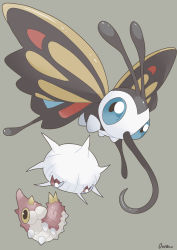 Rule 34 | absurdres, beautifly, blue eyes, bug, butterfly, commentary request, creatures (company), evolutionary line, game freak, gen 3 pokemon, grey background, highres, insect, nintendo, no humans, ouran, pokemon, pokemon (creature), signature, silcoon, simple background, wurmple