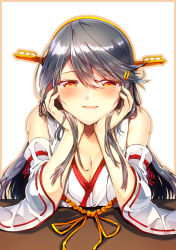 Rule 34 | 1girl, bare shoulders, black hair, blush, border, breasts, cleavage, collarbone, commentary request, detached sleeves, hair ornament, hairclip, hands on own chin, haruna (kancolle), highres, kantai collection, large breasts, leaning forward, long hair, looking at viewer, nontraditional miko, open mouth, outline, pink border, pink outline, ribbon-trimmed sleeves, ribbon trim, simple background, smile, solo, swept bangs, tassel, tsukui kachou, upper body, white background, yellow eyes