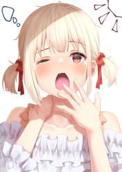 Rule 34 | 1girl, ;o, absurdres, blonde hair, blush, collarbone, frilled shirt, frills, hand on own neck, hand to own mouth, highres, lycoris recoil, nishikigi chisato, one eye closed, open mouth, red eyes, shirt, short hair, short twintails, sleepy, starkamisan, tearing up, twintails, upper body, white background, white shirt, yawning