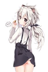 Rule 34 | 1girl, :t, animal ears, ass, black bow, black eyes, black skirt, blush, bow, closed mouth, collared shirt, darnell, eating, food, hair between eyes, highres, holding, holding food, long hair, long sleeves, looking at viewer, looking back, low ponytail, original, ponytail, shirt, silver hair, simple background, skirt, solo, suspender skirt, suspenders, tail, white background, white shirt