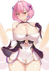 Rule 34 | 1girl, :o, ahoge, azur lane, bare shoulders, black gloves, blush, braid, braided bangs, breasts, choker, cleavage, clothes lift, collarbone, covered navel, cowboy shot, curvy, dress, earrings, elbow sleeve, gloves, hair ornament, hair ribbon, jewelry, kuavera, large breasts, looking at viewer, open mouth, pink hair, ribbon, short hair, simple background, skirt, skirt lift, solo, tartu (azur lane), thighs, white background, white dress, wide hips, yellow eyes