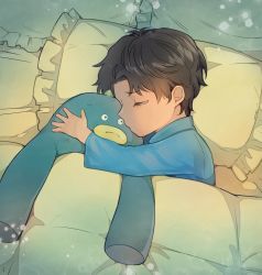 Rule 34 | 1boy, bed sheet, black hair, blue pajamas, child, closed eyes, commentary request, damian desmond, hug, long sleeves, lying, male focus, on bed, on side, pajamas, pillow, short hair, sleeping, solo, spy x family, stuffed animal, stuffed toy, suga gumi (gm)