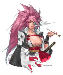 Rule 34 | 1girl, artist name, baiken, breasts, cleavage, cowboy shot, eyepatch, facial mark, featherism (yuna), guilty gear, holding, kimono, large breasts, long hair, makeup, obi, pink hair, smoking pipe, ponytail, scar, smoke, solo, upper body, wide sleeves