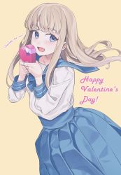 Rule 34 | 1girl, bad id, bad twitter id, blue bow, blue eyes, blue sailor collar, blue skirt, blush, bow, box, brown background, brown hair, collarbone, commentary request, english text, floating hair, gift, gift box, hands up, happy valentine, heart-shaped box, highres, holding, holding gift, long hair, long sleeves, looking at viewer, mameojitan, open mouth, original, pleated skirt, sailor collar, school uniform, serafuku, shirt, simple background, skirt, solo, very long hair, white shirt