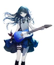 Rule 34 | 1girl, black shirt, black skirt, black socks, blue eyes, blue hair, blue jacket, clothes around waist, collared shirt, commentary request, cyawa, feet out of frame, guitar, highres, holding, holding instrument, hoshino ichika (project sekai), instrument, jacket, jacket around waist, long hair, looking at viewer, parted lips, pleated skirt, project sekai, shirt, short sleeves, simple background, skirt, socks, solo, thigh strap, undershirt, white background, white shirt, wristband