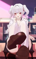 Rule 34 | 1girl, absurdres, breasts, chips (artist), cleavage, grey hair, highres, light blush, loafers, long hair, looking at viewer, medium breasts, open mouth, panties, pantyshot, red eyes, shoes, solo, thighhighs, twintails, underwear, white thighhighs