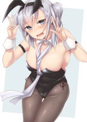 Rule 34 | 1girl, absurdres, animal ears, armband, bare shoulders, bent over, between breasts, black leotard, black pantyhose, blue eyes, blush, breasts, collar, cowboy shot, detached collar, embarrassed, fake animal ears, hairband, hands up, highres, kantai collection, kiritto, large breasts, leotard, long hair, looking at viewer, open mouth, pantyhose, playboy bunny, rabbit ears, side ponytail, silver hair, solo, suzutsuki (kancolle), thigh gap, thighs, v, white collar, white wrist cuffs, wrist cuffs