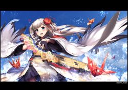 Rule 34 | 1girl, aono illust, artist name, azur lane, black gloves, blue eyes, blue sky, blunt bangs, blush, breasts, cloud, collarbone, flight deck, floating hair, flower, gloves, hair flower, hair ornament, hand fan, hand on own face, holding, holding fan, japanese clothes, kimono, large breasts, letterboxed, long hair, looking at viewer, machinery, mole, mole under eye, open mouth, origami, pantyhose, paper crane, partially fingerless gloves, pleated skirt, pointing, pointing at viewer, rigging, shoukaku (azur lane), sidelocks, silver hair, skirt, sky, smile, solo, sparkle, splashing, water, water drop, wide sleeves, wind, wind lift