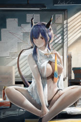 Rule 34 | 1girl, absurdres, arknights, artist name, bare arms, bare shoulders, black panties, blue hair, book, book stack, breasts, ch&#039;en (arknights), chinese commentary, commentary request, dated, feet out of frame, hair between eyes, highres, horns, indian style, indoors, kiasela, large breasts, long hair, looking at viewer, low twintails, navel, necktie, panties, paper, red eyes, shirt, signature, sitting, sleeveless, sleeveless shirt, solo, stomach, tail, twintails, underwear, white shirt, yellow necktie
