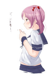 Rule 34 | 1girl, blush, breasts, fingers together, from side, hair bobbles, hair ornament, highres, index fingers together, kantai collection, niwatazumi, pink eyes, pink hair, sazanami (kancolle), school uniform, serafuku, short sleeves, small breasts, solo, translation request, twintails, upper body, white background, wrist cuffs