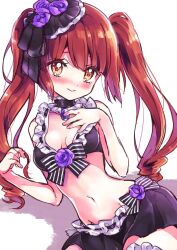 Rule 34 | 1girl, bikini, blush, breasts, brown hair, cleavage, embarrassed, flower, frilled bikini, frills, hair ornament, hanazono yurine, hand on own chest, highres, jashin-chan dropkick, long hair, looking at viewer, navel, orange eyes, purple flower, purple rose, rose, simple background, small breasts, solo, swimsuit, twintails, white background, yukiwo