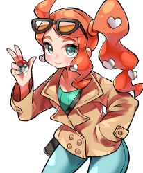 Rule 34 | 1girl, bag, black bag, brown coat, buttons, coat, creatures (company), denim, eyewear on head, game freak, glasses, green eyes, green nails, green sweater, hair ornament, hand in pocket, heart, heart hair ornament, highres, holding, holding poke ball, hyou (hyouga617), jeans, looking at viewer, nail polish, nintendo, orange hair, pants, poke ball, pokemon, pokemon swsh, shoulder bag, side ponytail, sidelocks, smile, solo, sonia (pokemon), sweater