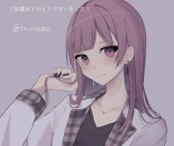Rule 34 | 1girl, black nails, black shirt, brown eyes, brown hair, closed mouth, collarbone, commentary request, grey background, hand up, highres, jacket, jewelry, long hair, looking at viewer, nail polish, necklace, open clothes, open jacket, original, plaid, shirt, simple background, smile, solo, translation request, tsuruse, twitter username, white jacket
