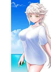 Rule 34 | 1girl, asymmetrical hair, bad id, bad pixiv id, blush, breasts, closed mouth, collarbone, cowboy shot, cypress, kantai collection, large breasts, long hair, mole, mole under eye, shirt, short sleeves, smile, solo, unryuu (kancolle), very long hair, white hair, white shirt, yellow eyes
