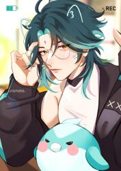 Rule 34 | 1boy, ahoge, alternate costume, animal ears, archieloras, artist name, bird, black eyes, black hair, black jacket, blue fur, blue hair, blurry, blurry background, blush, cat ears, closed mouth, collared jacket, eyeshadow, facial mark, feathered wings, forehead mark, genshin impact, glasses, hair between eyes, hand up, highres, indoors, jacket, lips, long sleeves, looking at viewer, makeup, male focus, multicolored hair, open clothes, open jacket, puffy long sleeves, puffy sleeves, red eyeshadow, shirt, short hair, single bare shoulder, sitting, sleeveless, sleeveless shirt, smile, t-shirt, table, two-tone hair, viewfinder, watermark, white shirt, wings, xiao (genshin impact), yellow eyes