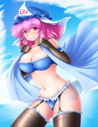 Rule 34 | 1girl, adapted costume, bad id, bad pixiv id, breasts, cloud, elbow gloves, covered erect nipples, female focus, garter straps, gloves, hat, lace, lace-trimmed legwear, lace trim, large breasts, md5 mismatch, ocean, pink hair, red eyes, saigyouji yuyuko, shin&#039;en (gyokuro company), short hair, sky, solo, thighhighs, thighs, touhou, triangular headpiece, water