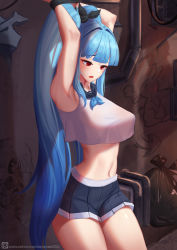 Rule 34 | 1girl, blue hair, breasts, daydream (zhdkffk21), highres, long hair, ponytail, restrained
