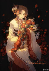 1girl aerith_gainsborough aerith_gainsborough_(festive_crimson_attire) black_background bouquet brown_gloves brown_hair character_name choker closed_mouth falling_petals final_fantasy final_fantasy_vii final_fantasy_vii_ever_crisis flower frilled_kimono frills fur-trimmed_kimono fur_trim furisode gloves gold_trim green_eyes hair_bun hair_flower hair_ornament highres holding holding_bouquet japanese_clothes kieta kimono light_smile lily_(flower) long_hair looking_at_viewer official_alternate_costume parted_bangs pendant_choker petals red_flower red_petals sidelocks solo tassel tassel_hair_ornament updo weibo_watermark white_flower white_kimono wide_sleeves