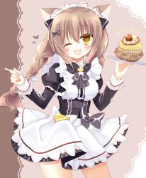 Rule 34 | 1girl, ;d, animal ear fluff, animal ears, apron, bad id, bad pixiv id, black dress, blush, braid, breasts, brown background, brown eyes, brown hair, cat ears, commentary request, dress, fang, food, heart, holding, holding plate, holding spoon, layered sleeves, long hair, long sleeves, looking at viewer, maid, maid headdress, medium breasts, mont blanc (food), one eye closed, open mouth, original, plate, puffy short sleeves, puffy sleeves, shikito (yawa0w0), short over long sleeves, short sleeves, smile, solo, spoon, twin braids, twintails, very long hair, waist apron, white apron, yellow eyes