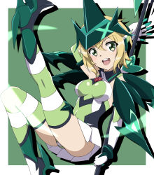 1girl :d akatsuki_kirika armpit_peek armpits blonde_hair boots breasts female_focus green_eyes green_footwear hair_between_eyes headgear highres kagari_liroi leg_up leotard looking_at_viewer medium_breasts open_mouth scythe senki_zesshou_symphogear smile solo striped_clothes striped_thighhighs thighhighs