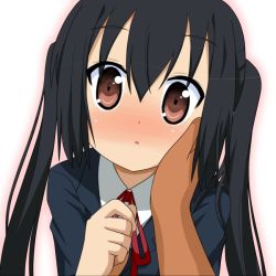 Rule 34 | 1girl, black hair, blush, brown eyes, gradient background, k-on!, long hair, male hand, minami (colorful palette), nakano azusa, neck ribbon, red ribbon, ribbon, school uniform, single hand, solo, twintails, white background