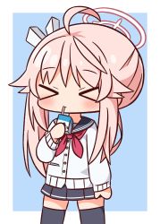 Rule 34 | &gt; &lt;, 1girl, ahoge, black sailor collar, black skirt, black thighhighs, blue archive, blue background, blush, cardigan, chibi, closed eyes, closed mouth, drinking straw, facing viewer, halo, hana kazari, hand up, highres, holding, long sleeves, milk carton, natsu (blue archive), neckerchief, pink hair, pleated skirt, puffy long sleeves, puffy sleeves, red neckerchief, sailor collar, side ponytail, skirt, sleeves past wrists, solo, thighhighs, two-tone background, white background, white cardigan
