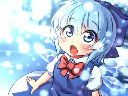 Rule 34 | 1girl, blue dress, blue eyes, blue hair, bow, cirno, dress, fang, hair bow, highres, ice, ice wings, matching hair/eyes, open mouth, puffy short sleeves, puffy sleeves, shirt, short sleeves, smile, solo, touhou, volcano (artist), volcano (liao), wings