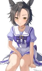 Rule 34 | 1girl, air shakur (umamusume), animal ears, arm support, between legs, black hair, blue bow, blue shirt, blush, bow, breasts, closed mouth, commentary request, dated, eyebrow piercing, feet out of frame, frilled skirt, frills, hair between eyes, hand between legs, highres, hirota fruit, horse ears, horse girl, horse tail, medium breasts, piercing, pleated skirt, puffy short sleeves, puffy sleeves, shirt, short sleeves, simple background, sitting, skirt, solo, tail, twitter username, umamusume, white background, white skirt, yellow eyes