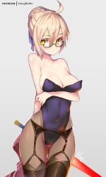 Rule 34 | 1girl, ahoge, alternate breast size, alternate costume, artist name, artoria pendragon (fate), black leotard, black pantyhose, blush, braid, breast hold, breasts, commentary request, covered navel, cowboy shot, eyelashes, fate/grand order, fate (series), french braid, garter belt, garter straps, glasses, grey background, hair between eyes, hong (white spider), leotard, looking at viewer, medium breasts, mysterious heroine x alter (fate), off shoulder, pantyhose, patreon username, plaid, plaid scarf, playboy bunny, scarf, semi-rimless eyewear, simple background, solo, strapless, strapless leotard, thighhighs, under-rim eyewear, underwear, underwear only, yellow eyes