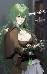 Rule 34 | 1girl, absurdres, blurry, blurry background, bookshelf, breast tattoo, breasts, brown capelet, capelet, cleavage, commission, corset, dress, female focus, gloves, glowing, green eyes, green hair, highres, layered dress, lips, long hair, messy hair, original, parted lips, prosthesis, signature, solo, syosyun, tattoo, thank you, vial