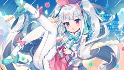 Rule 34 | 1girl, arcaea, arm up, blush, candy, castle, character request, chestnut mouth, commentary request, food, fur-trimmed skirt, fur trim, hair bobbles, hair ornament, hairband, hairclip, holding, holding food, knee up, leg up, lollipop, long hair, looking at viewer, pantyhose, parted lips, pink hairband, pink skirt, purple eyes, shirt, silver hair, skirt, sleeveless, sleeveless shirt, solo, swirl lollipop, thighband pantyhose, twintails, very long hair, wagashi928, white pantyhose, white shirt, x hair ornament